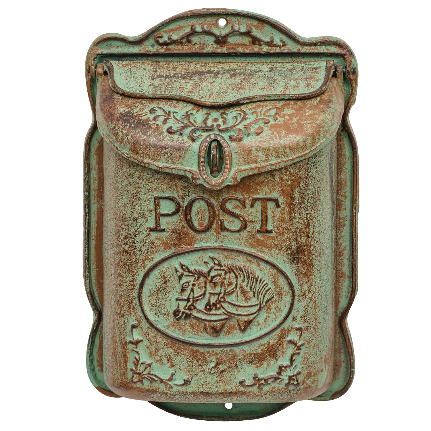 Briefkasten Wandbriefkasten Eisen Antik-Stil Landhausstil Pferd Shabby grün