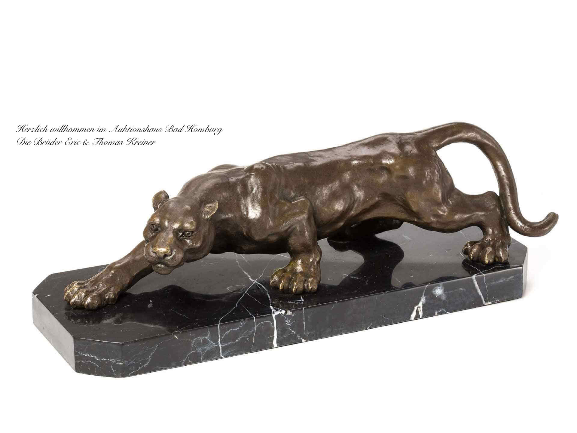 Bronze-Skulptur, Panther, Tierstatue, Brunnenplatte, Marmor-Sockel