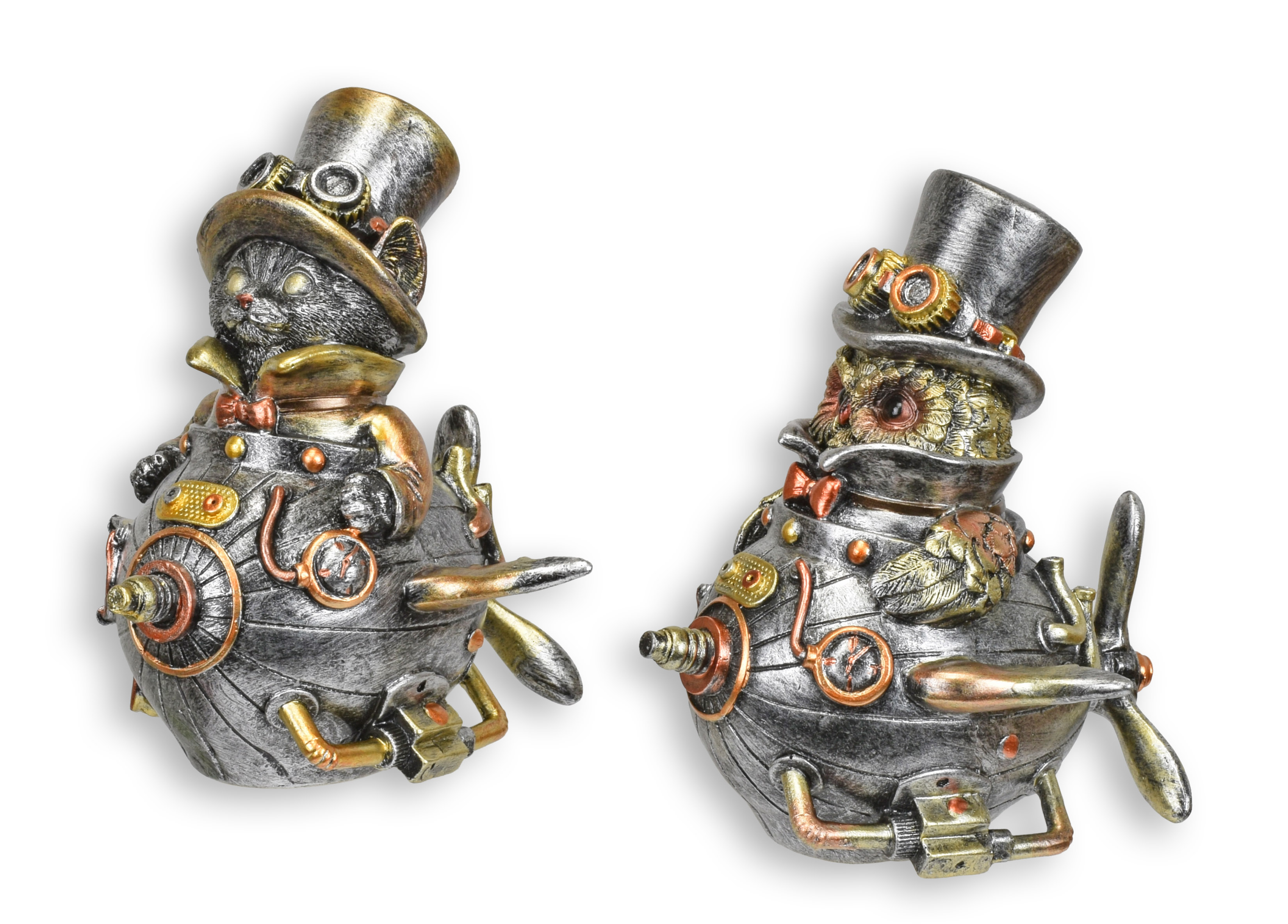 Paar Steampunk-Figuren Eule und Katze aus Kunstharz Replikat Retro Design Dekoration