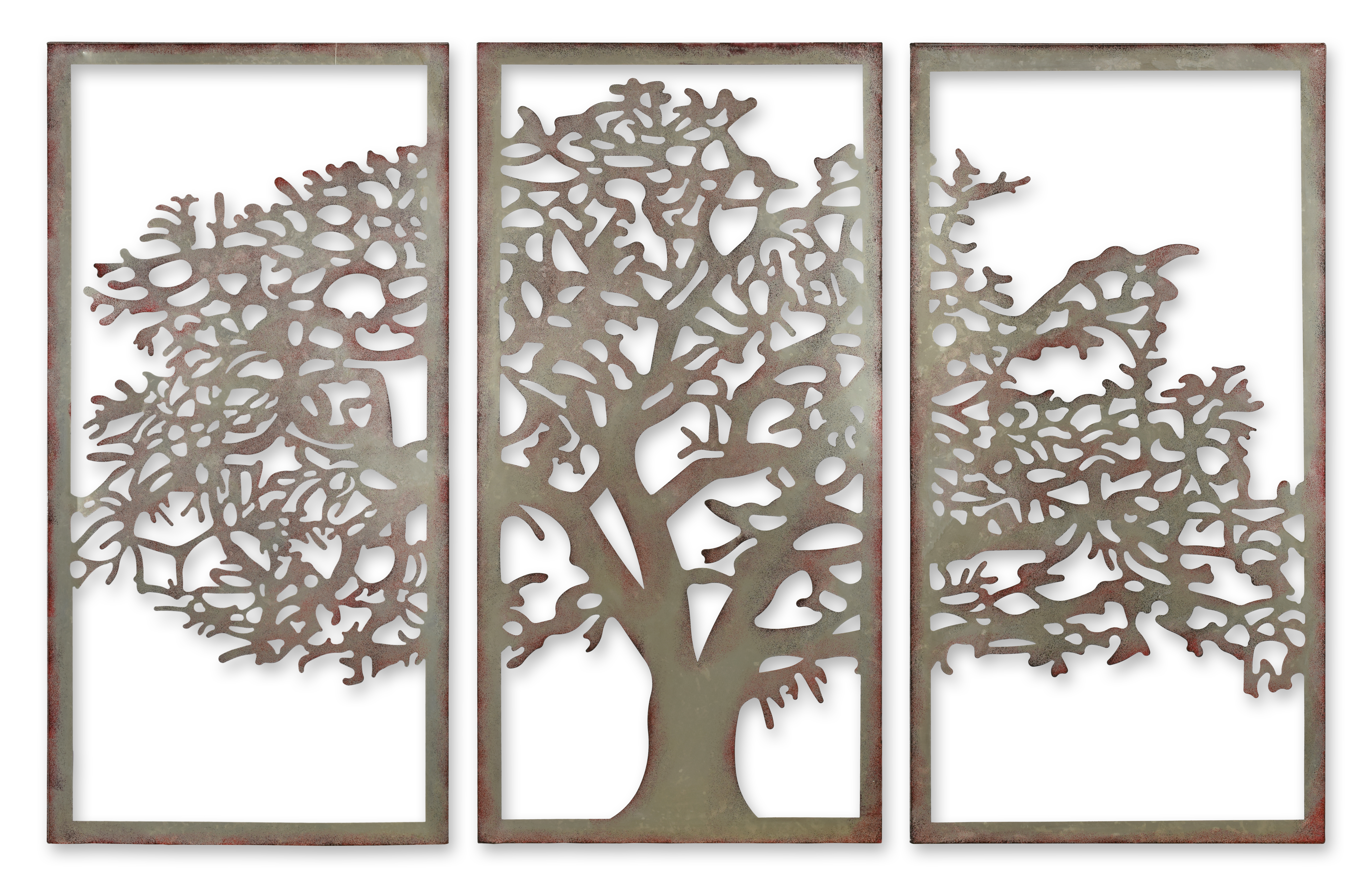 Ein eiserner Baum des Lebens als dreiteilige Wanddekoration Replikat Retro Design Dekoration