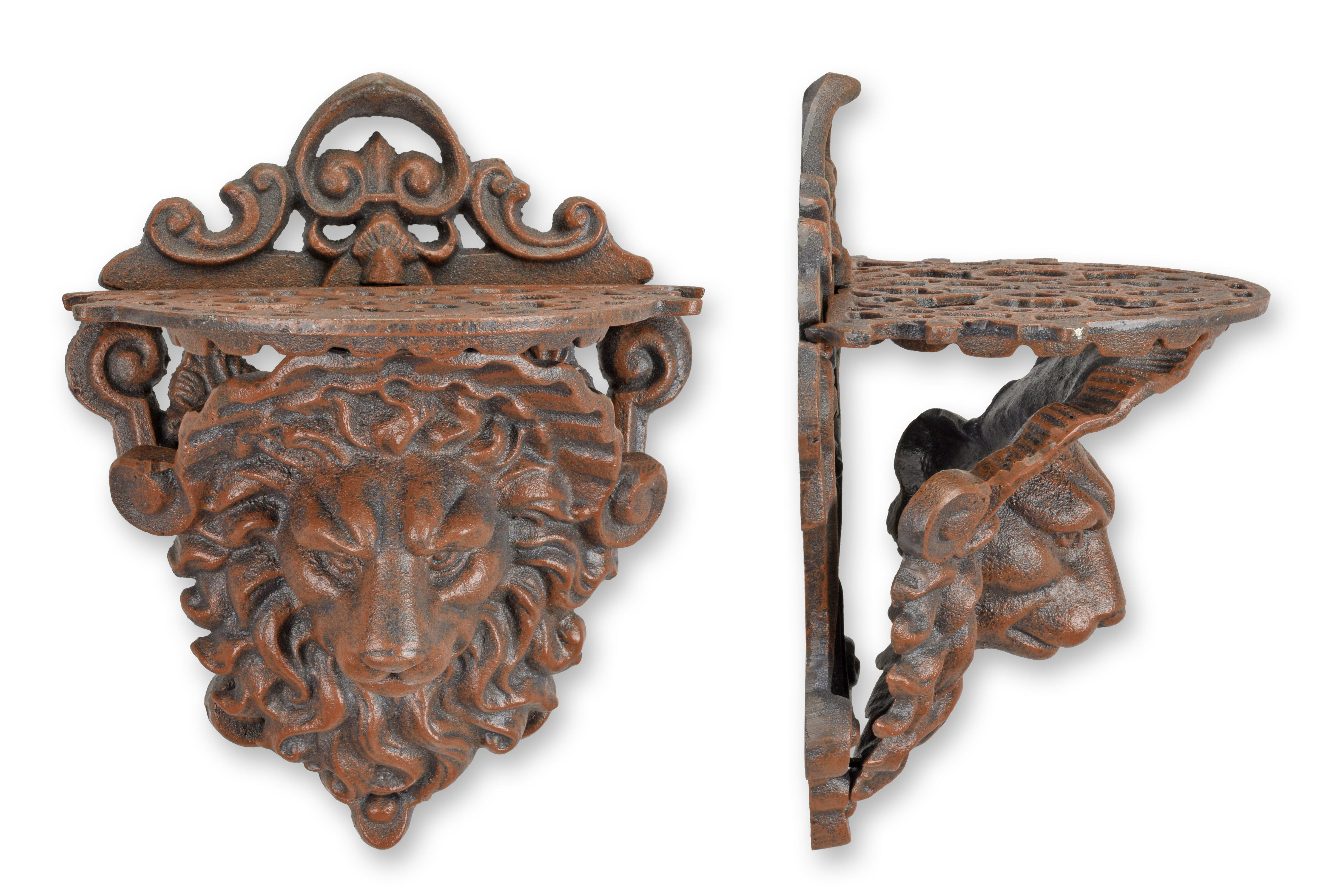 Eine Wandkonsole aus Gusseisen in Form eines Löwenkopfes – braun Replikat Retro Design Dekoration Bronze, Holz, Schwert, Kreuz, Gesicht