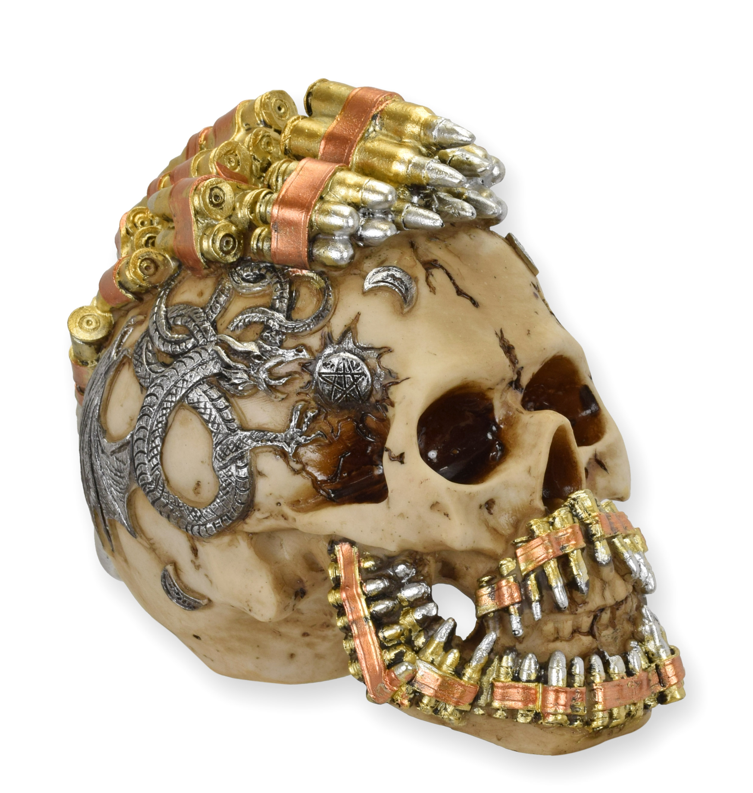 Steampunk Figur Totenkopf mit Kugelgürtel aus Kunstharz Replikat Retro Design Dekoration