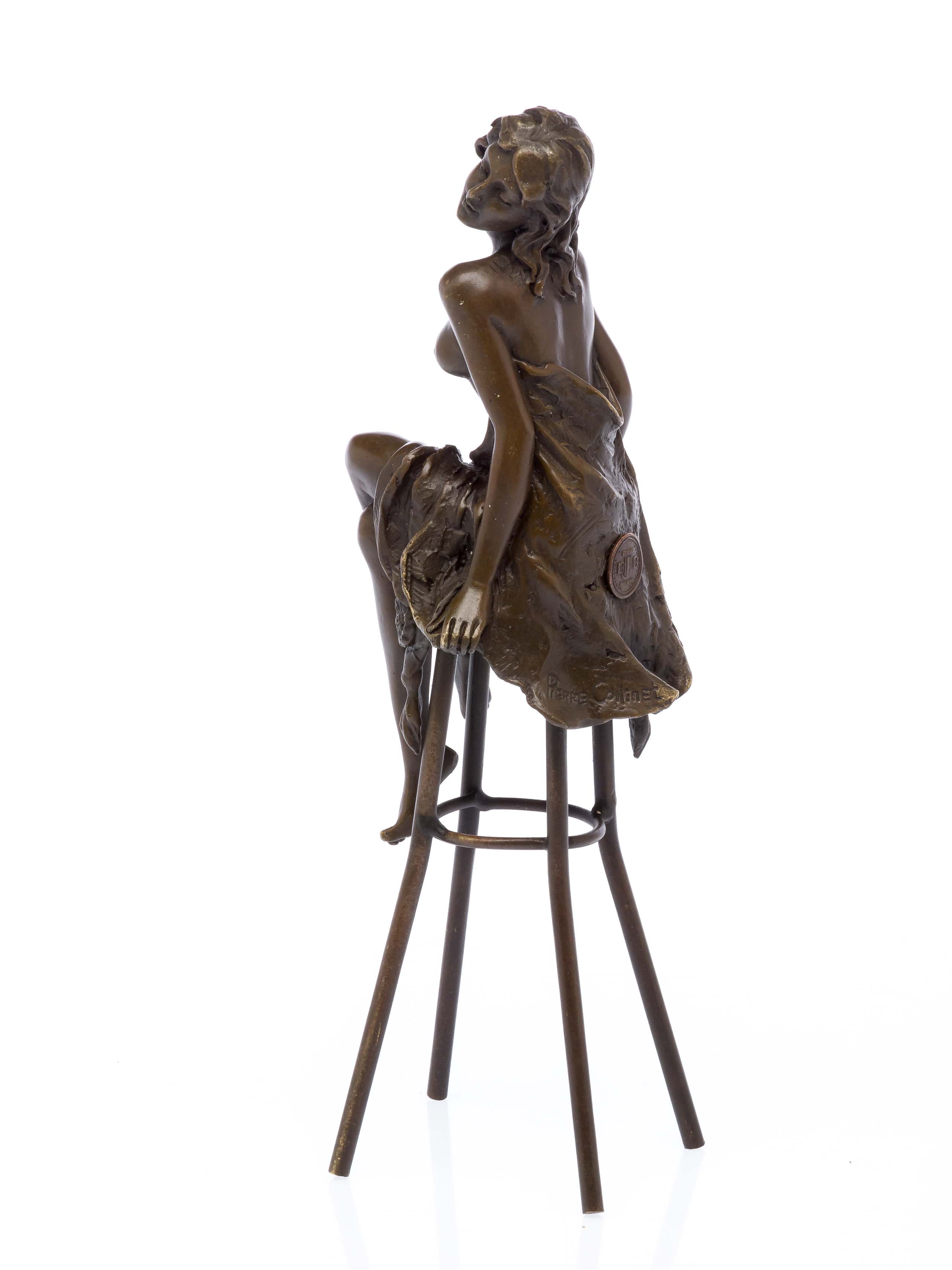 Bronzeskulptur Akt Frau auf Barhocker Bronze Figur Skulptur sculpture antik Stil