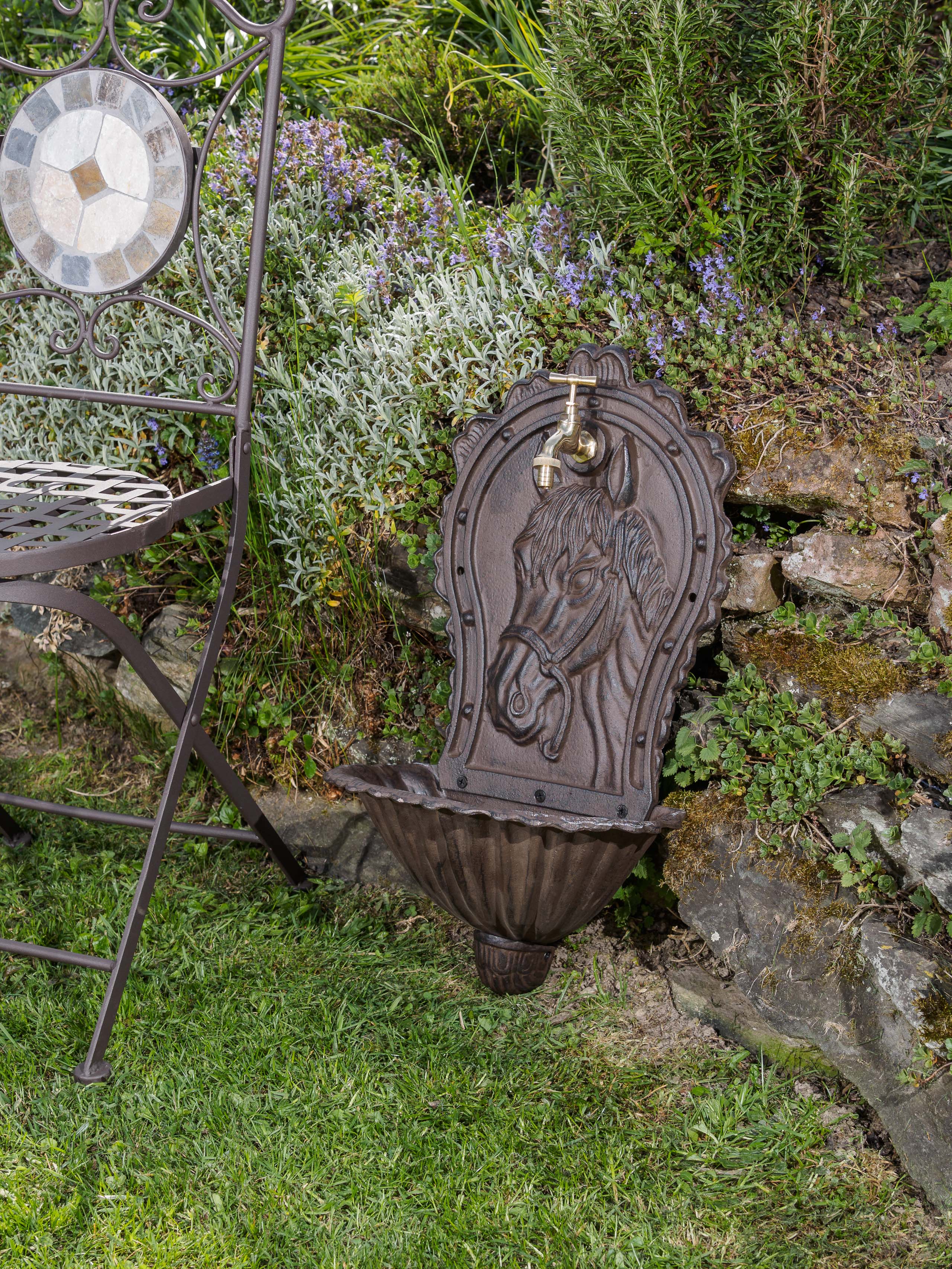 Waschbecken Wandbrunnen Garten Eisen Nostalgie antik Stil Pferd Brunnen braun