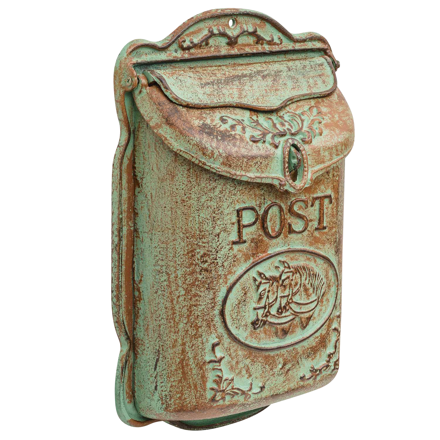Briefkasten Wandbriefkasten Eisen Antik-Stil Landhausstil Pferd Shabby grün
