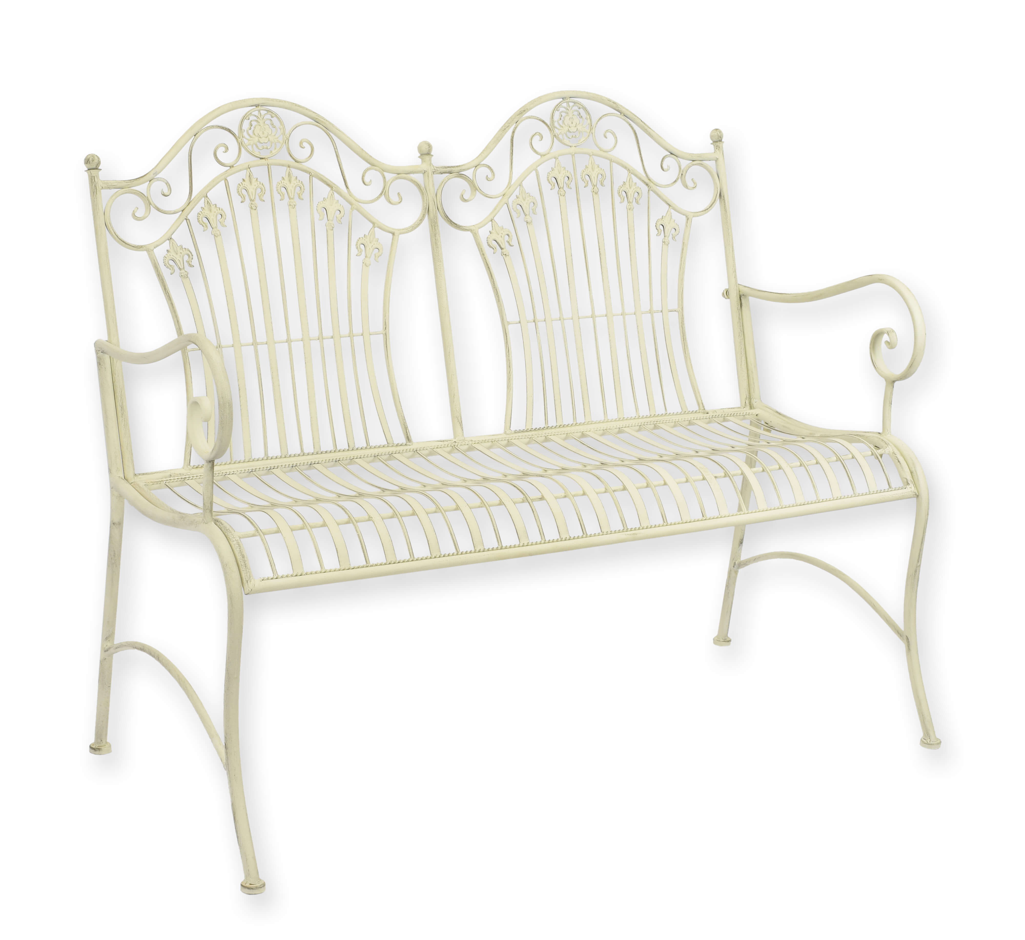 Gartenbank, Schmiedeeisen, Metallbank, Schmuckarbeit, cremefarben