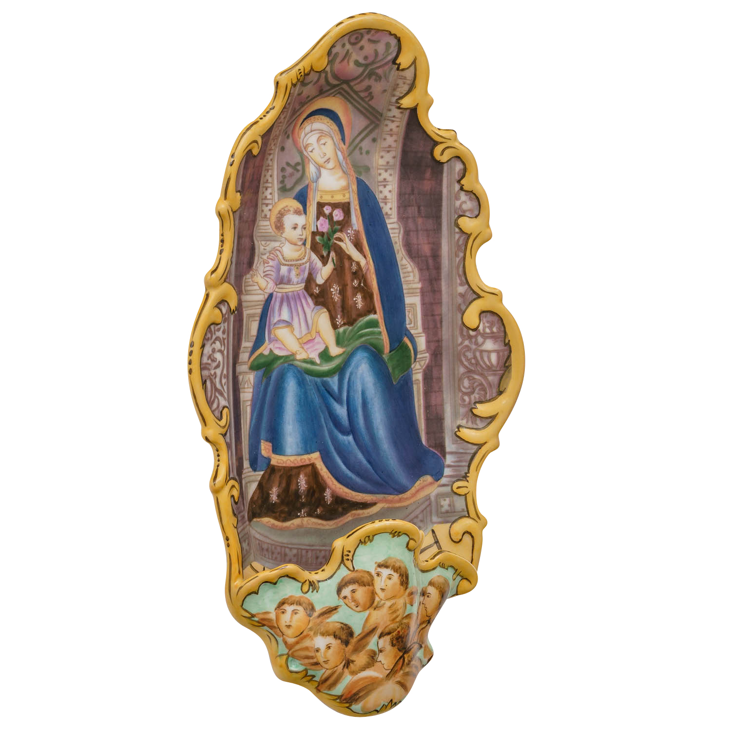 Weihwasserbecken Majolica Porzellan Religion Engel Antik-Stil 34cm